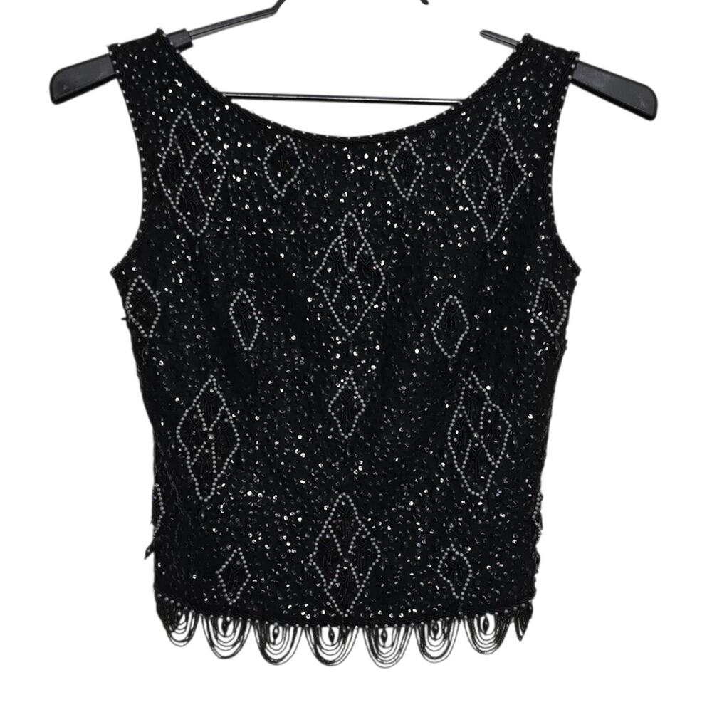 Vintage Helen Wong Wool Top Size Small Sleeveless Beaded Jeweled Sequined Black